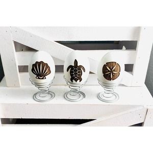 Set of 3 Coastal Farmhouse Inspired White Wood Egg w/Wood Stand Decor